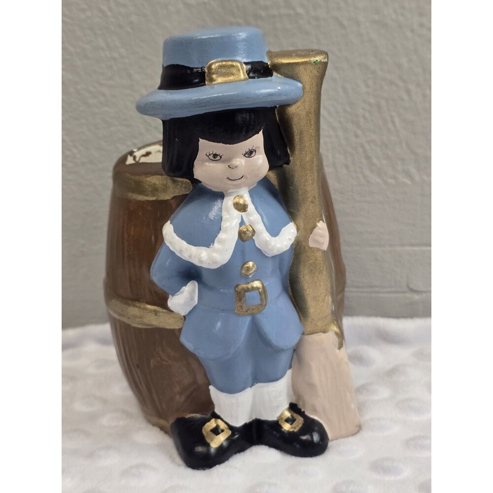 Vintage Thanksgiving Ceramic Pilgrim Boy Barrel Planter Hand Paintd Bisque Mold
